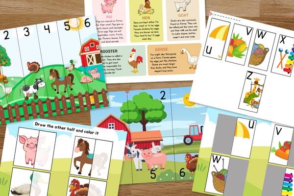 Farmland - Shapes matching, coloring, cut paste, alphabets etc