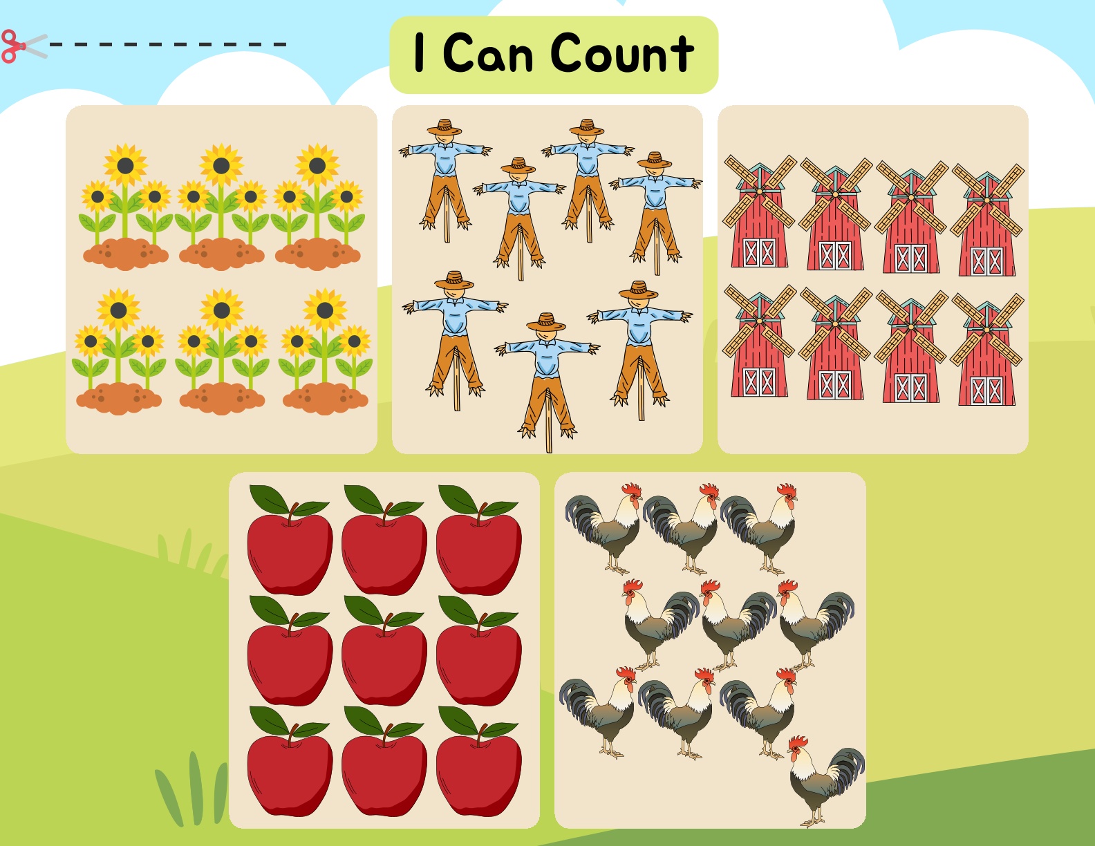 Farmland - Shapes matching, coloring, cut paste, alphabets etc