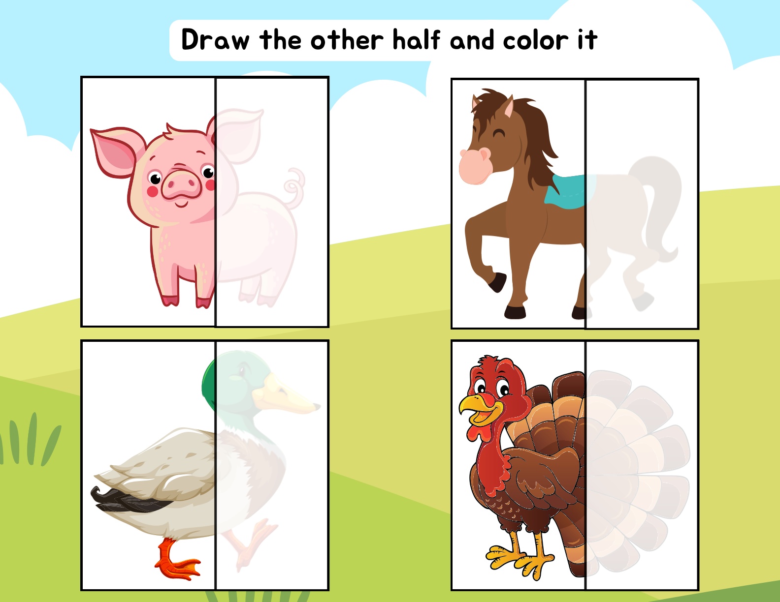 Farmland - Shapes matching, coloring, cut paste, alphabets etc