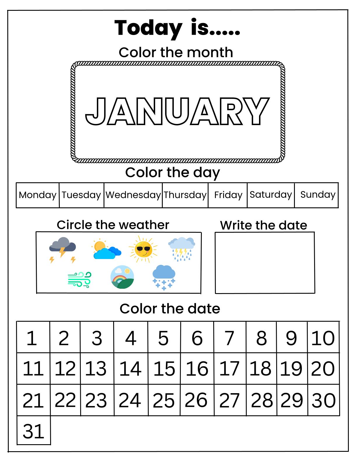Calendar - Coloring activity