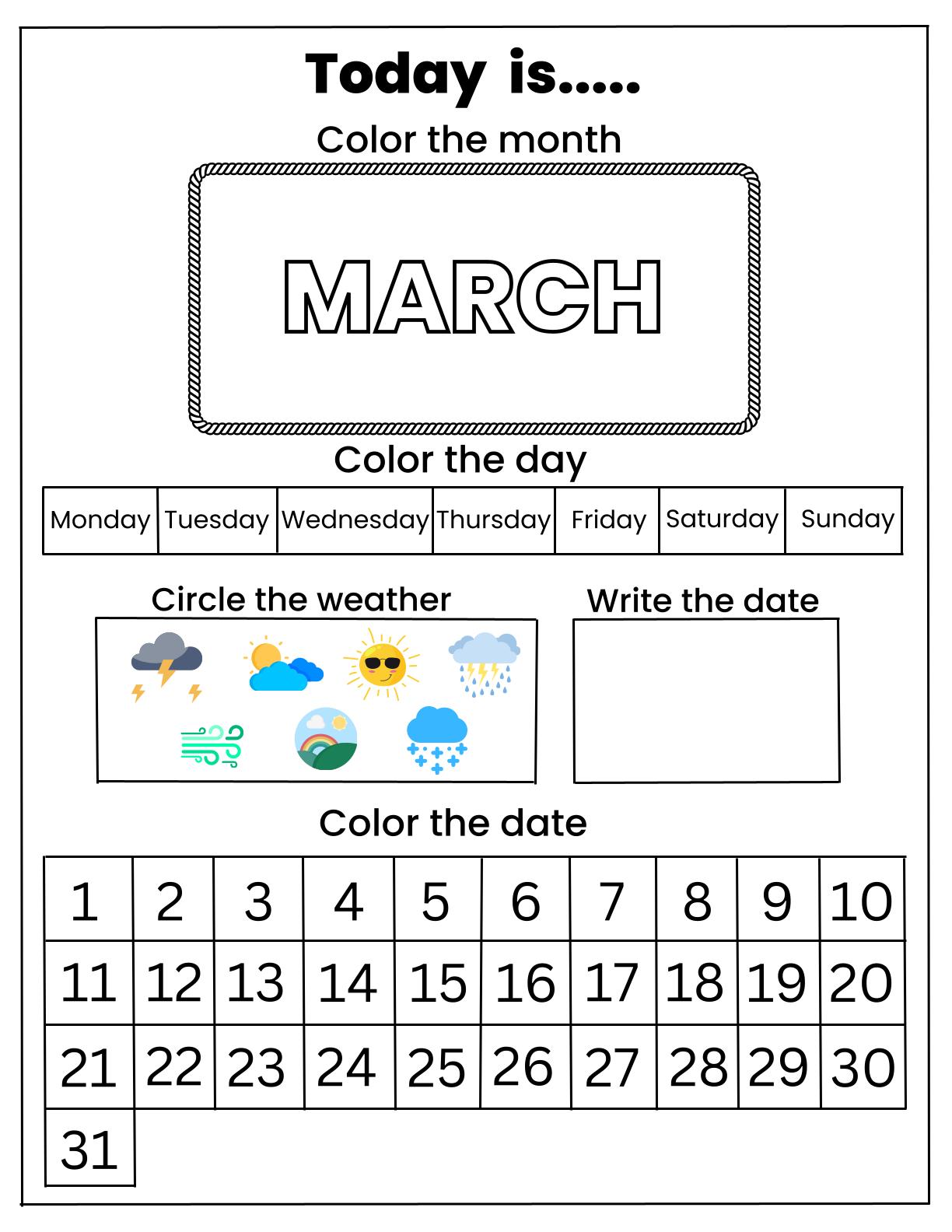 Calendar - Coloring activity