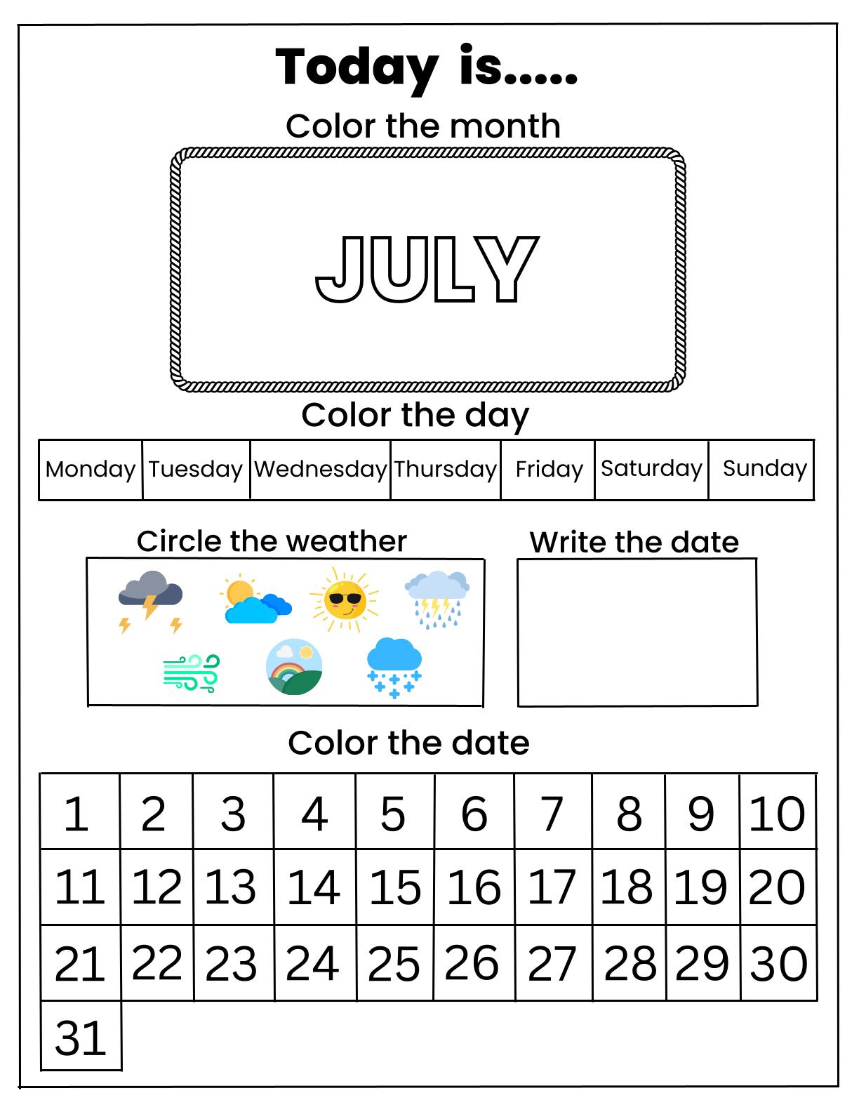 Calendar - Coloring activity